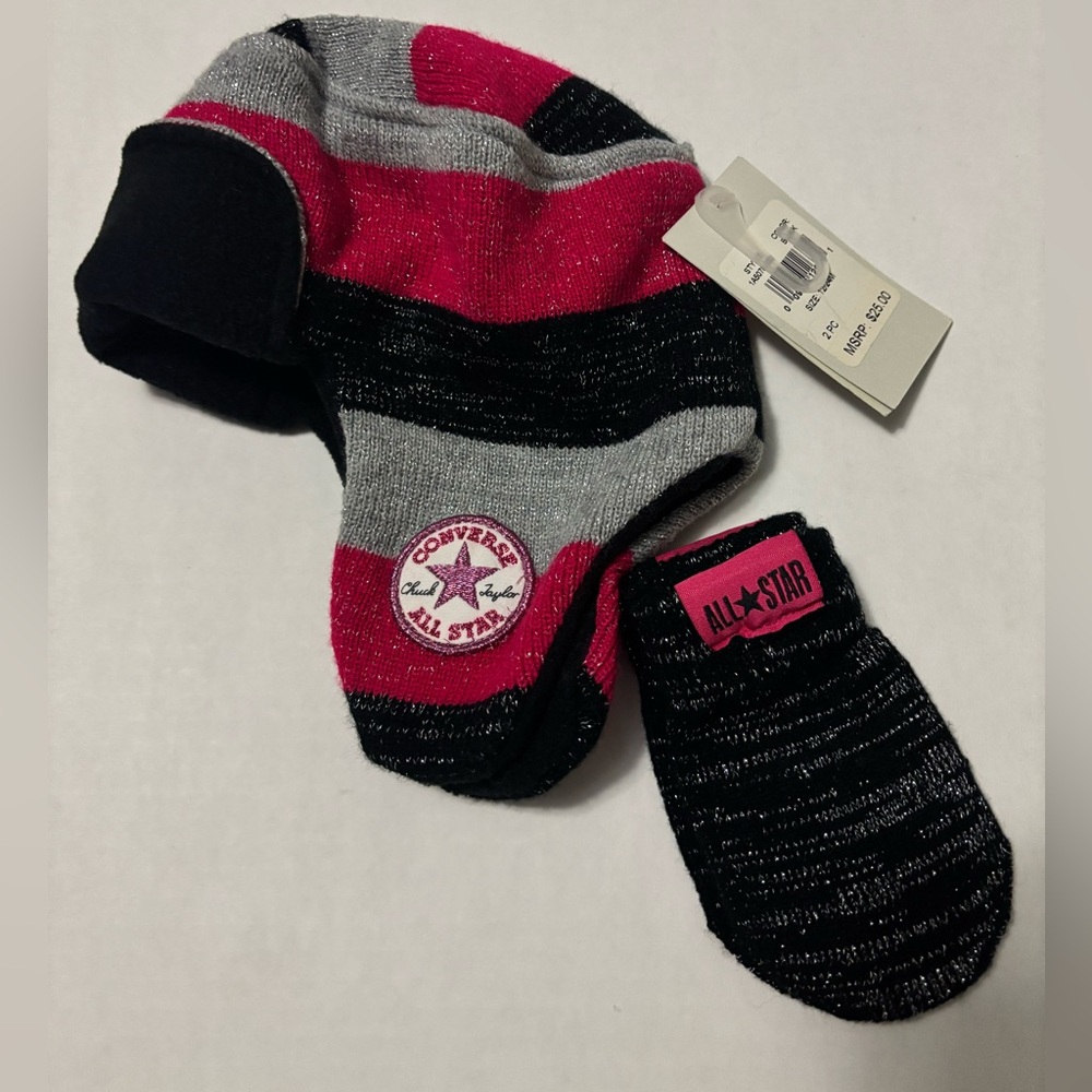 New! 2 Pcs Converse All Star Baby Hat & Mittens Set Size 12/24M